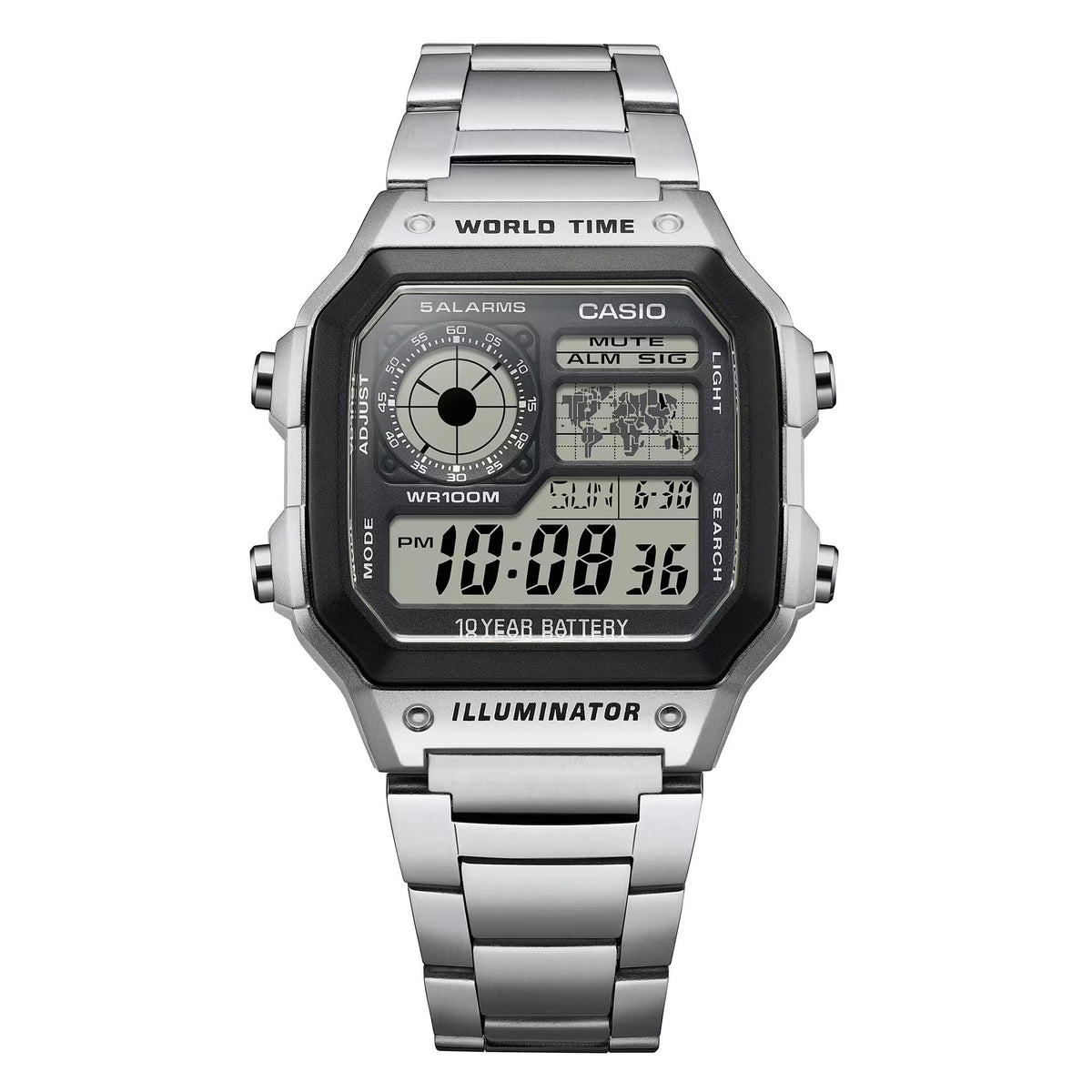 Men's world time digital quartz watch with steel bracelet, black face and digital time.