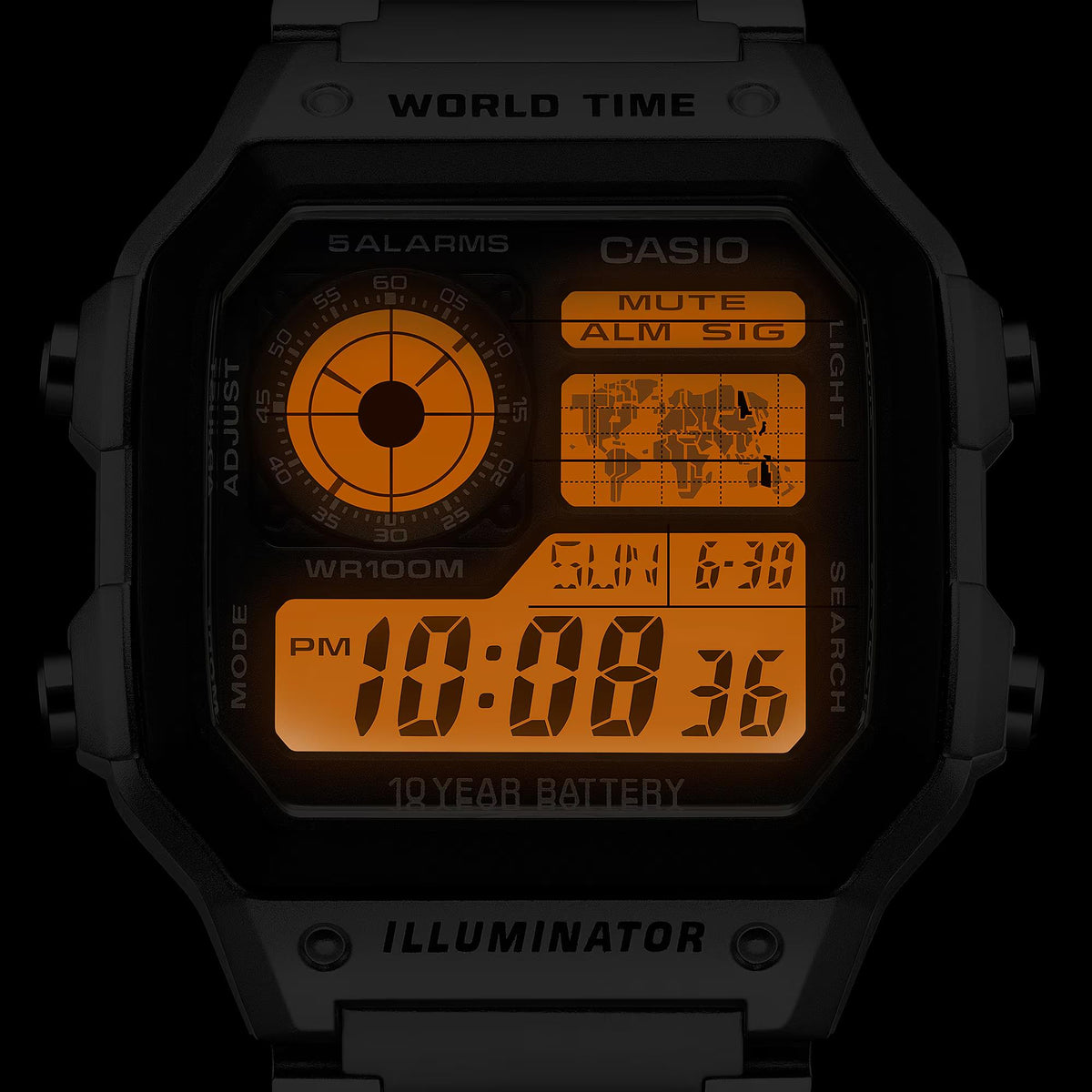 Casio world time digital watch with illuminated orange display on black dial