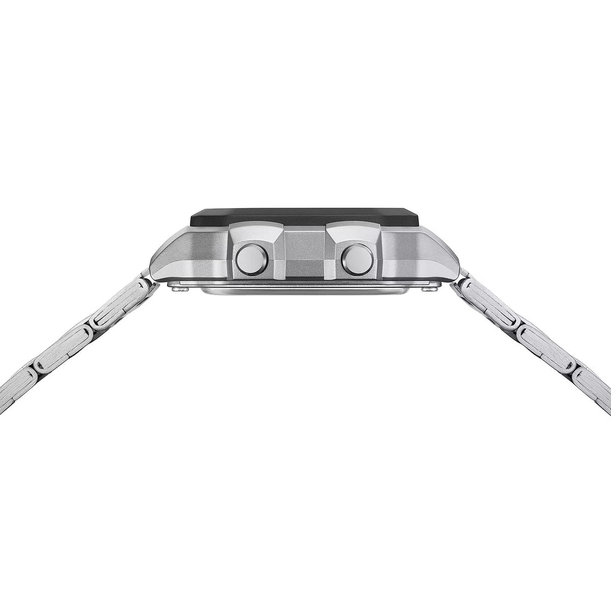 Side profile of Casio world time digital watch with silver steel bracelet