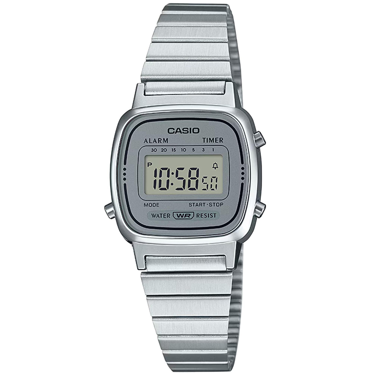 Straight-on studio shot of the Casio Vintage Mini LA670WEA-7EF quartz timepiece with its tapered stainless steel band