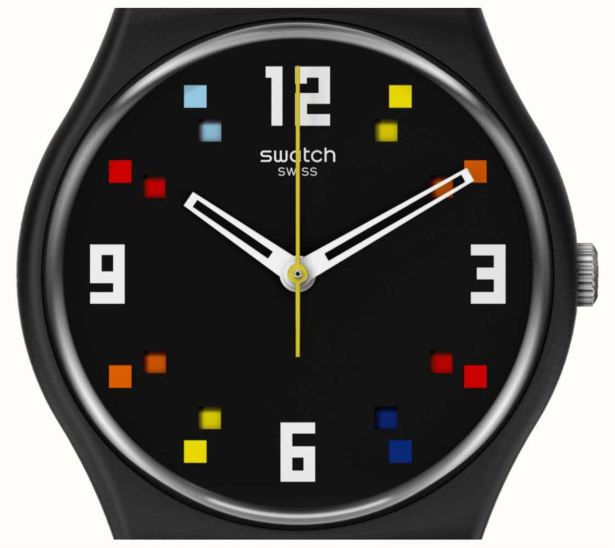 Close-up Swatch wristwatch face: black dial with multicolor squares, gold-toned minute hand.
