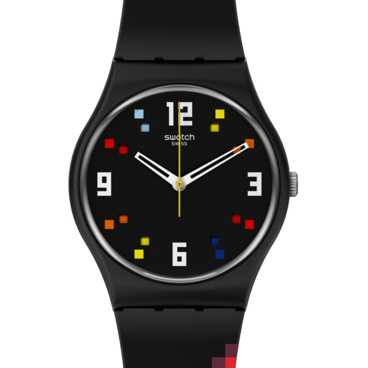 Black Swatch wristwatch front view with square multicolor dial and black rubber strap.
