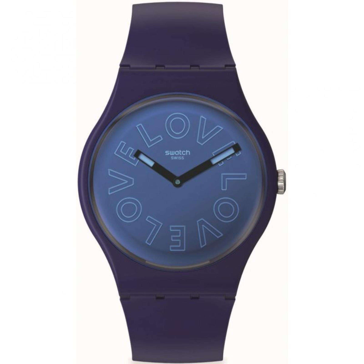 Men's Swatch wristwatch front view with blue dial and purple-blue silicone band