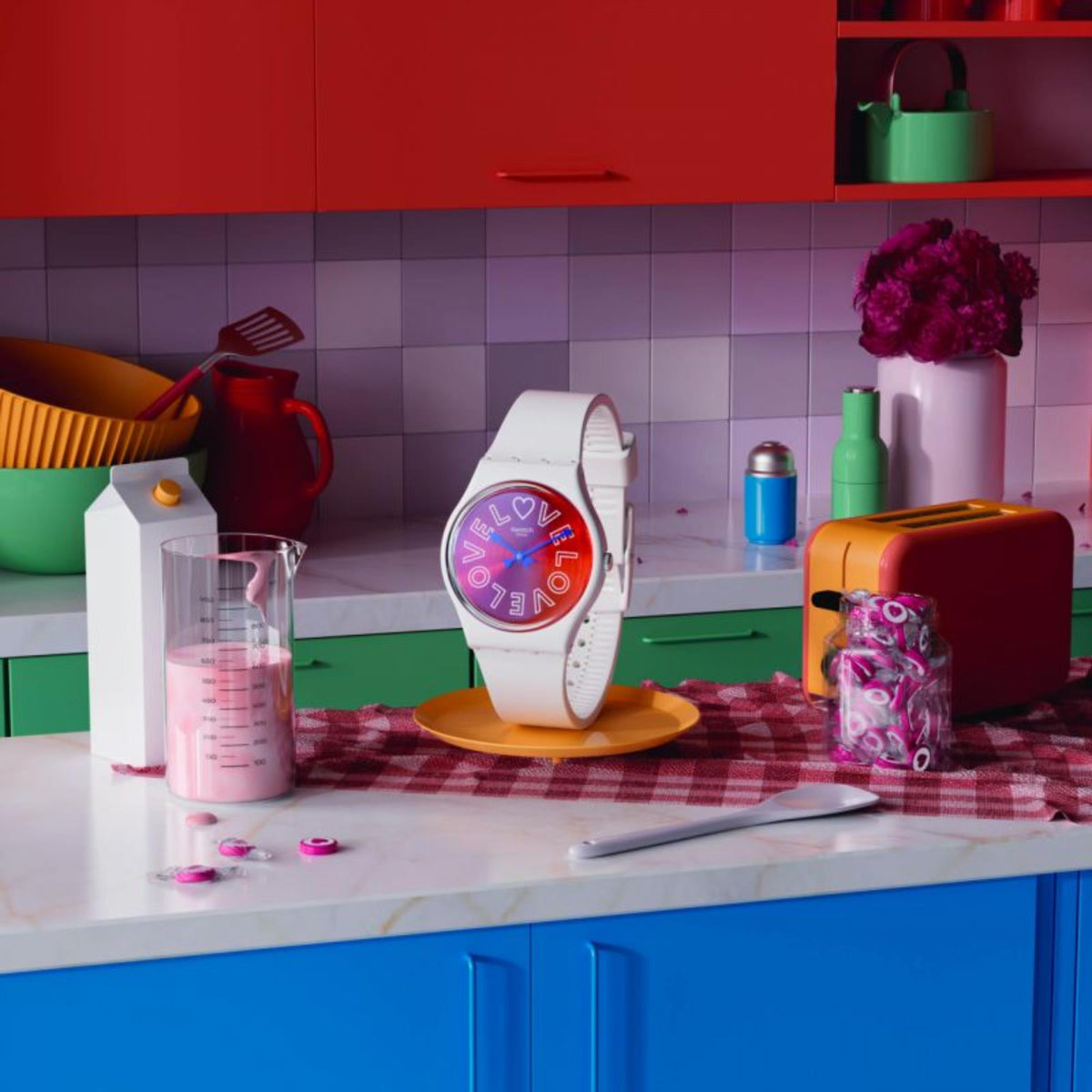 Swatch white wristwatch with burgundy dial and red LOVE heart design