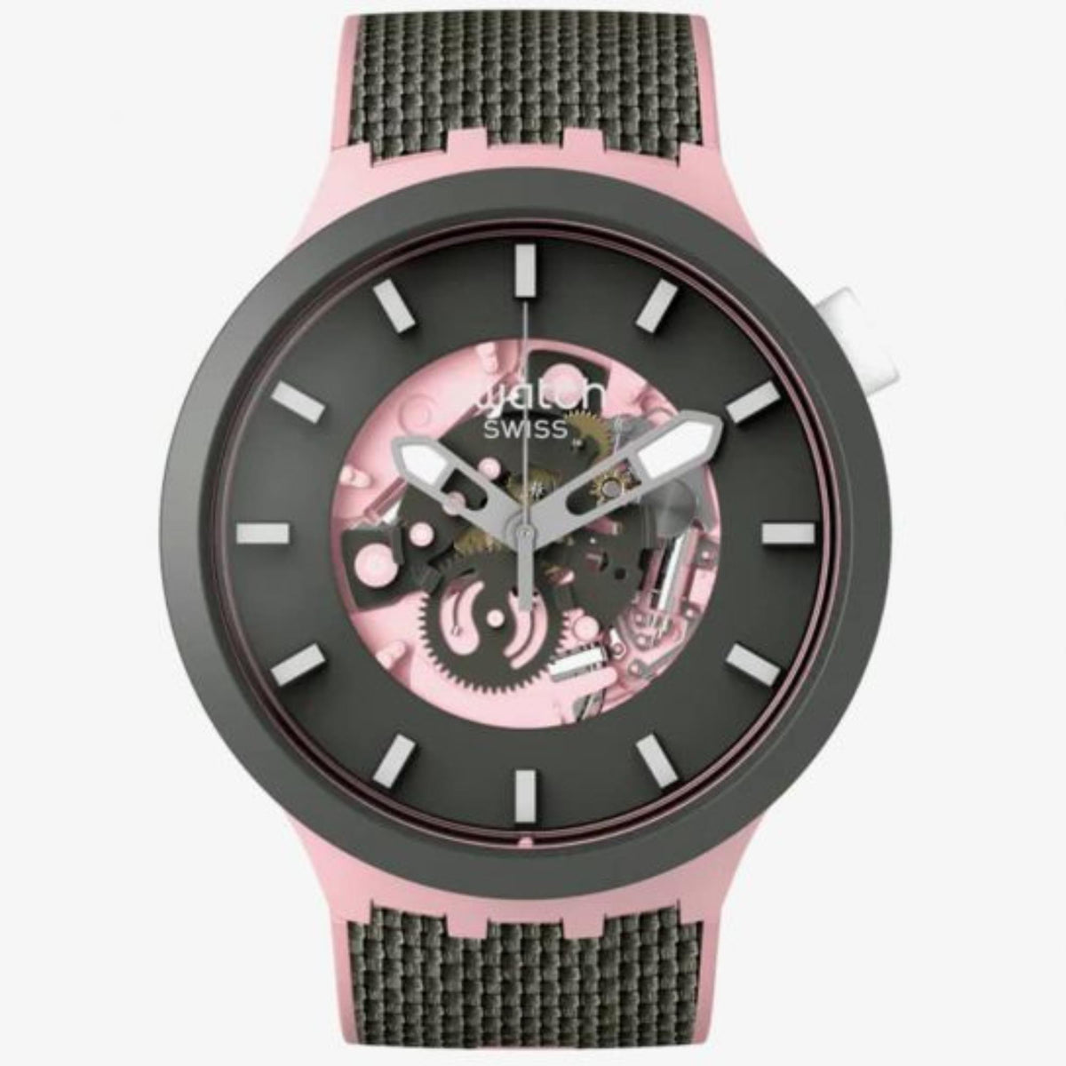 Women’s Swatch front view watch with dark bezel, pink mechanical dial, and gray textured strap