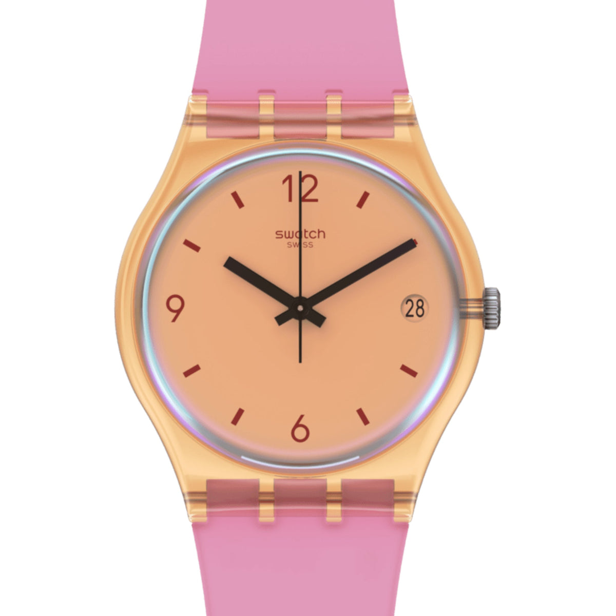 Swatch quartz ladies strap watch, peach dial with black hour markers, pink band, date 28