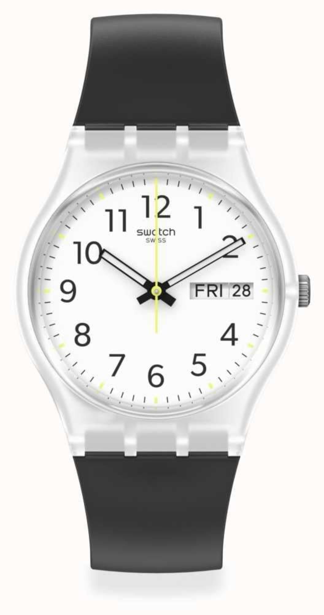 Black men’s wristwatch with round white face, black strap, and date window at 4 o’clock
