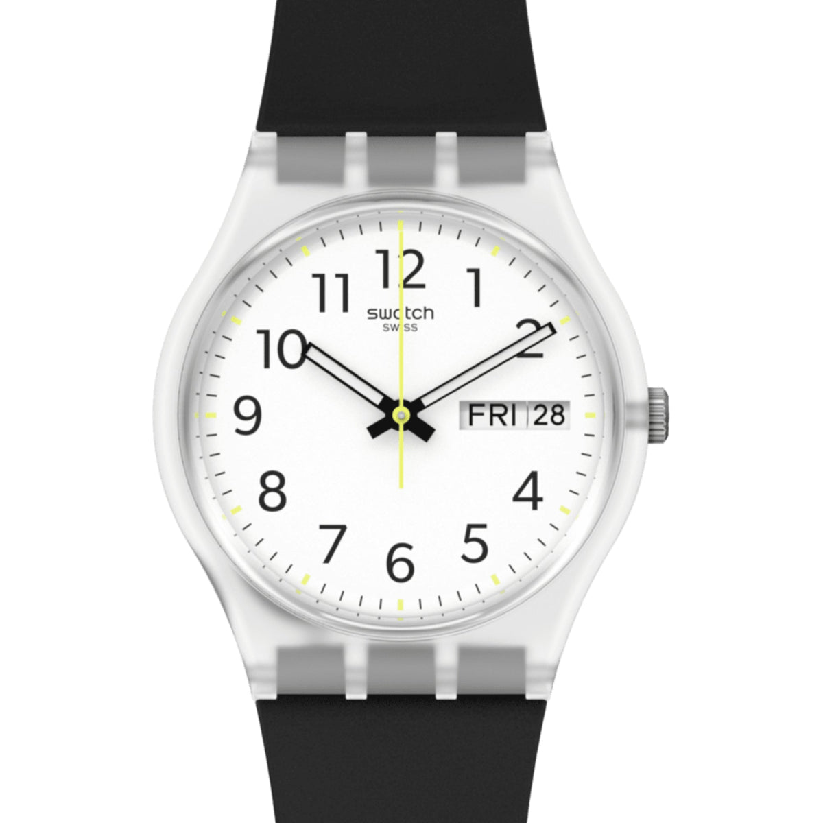 Black men’s wristwatch close-up: white dial, yellow seconds hand, date window at 4 o’clock