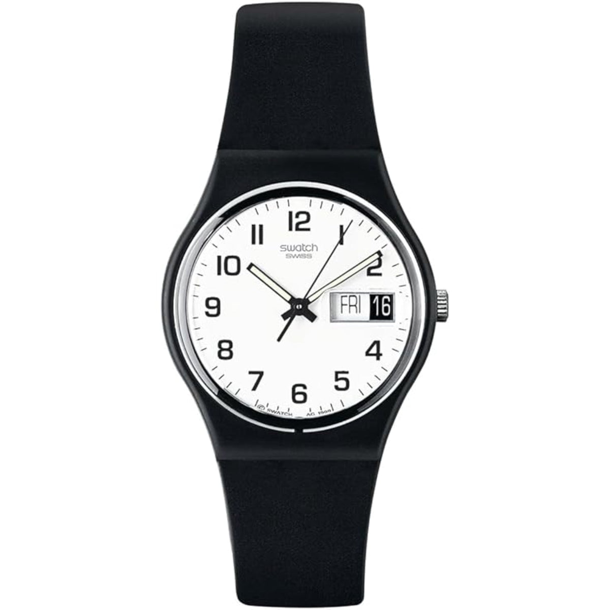 Black silicone strap wristwatch with white face and silver bezel, day/date at 3