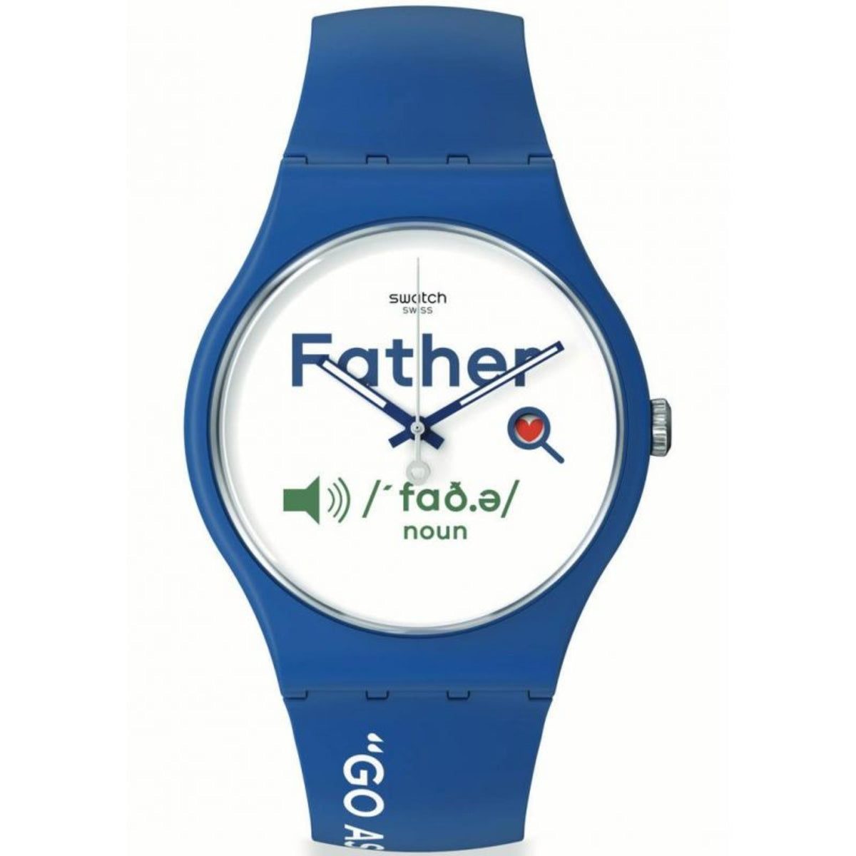 Blue silicone Swatch watch with white dial, Father graphic and green audio icon.
