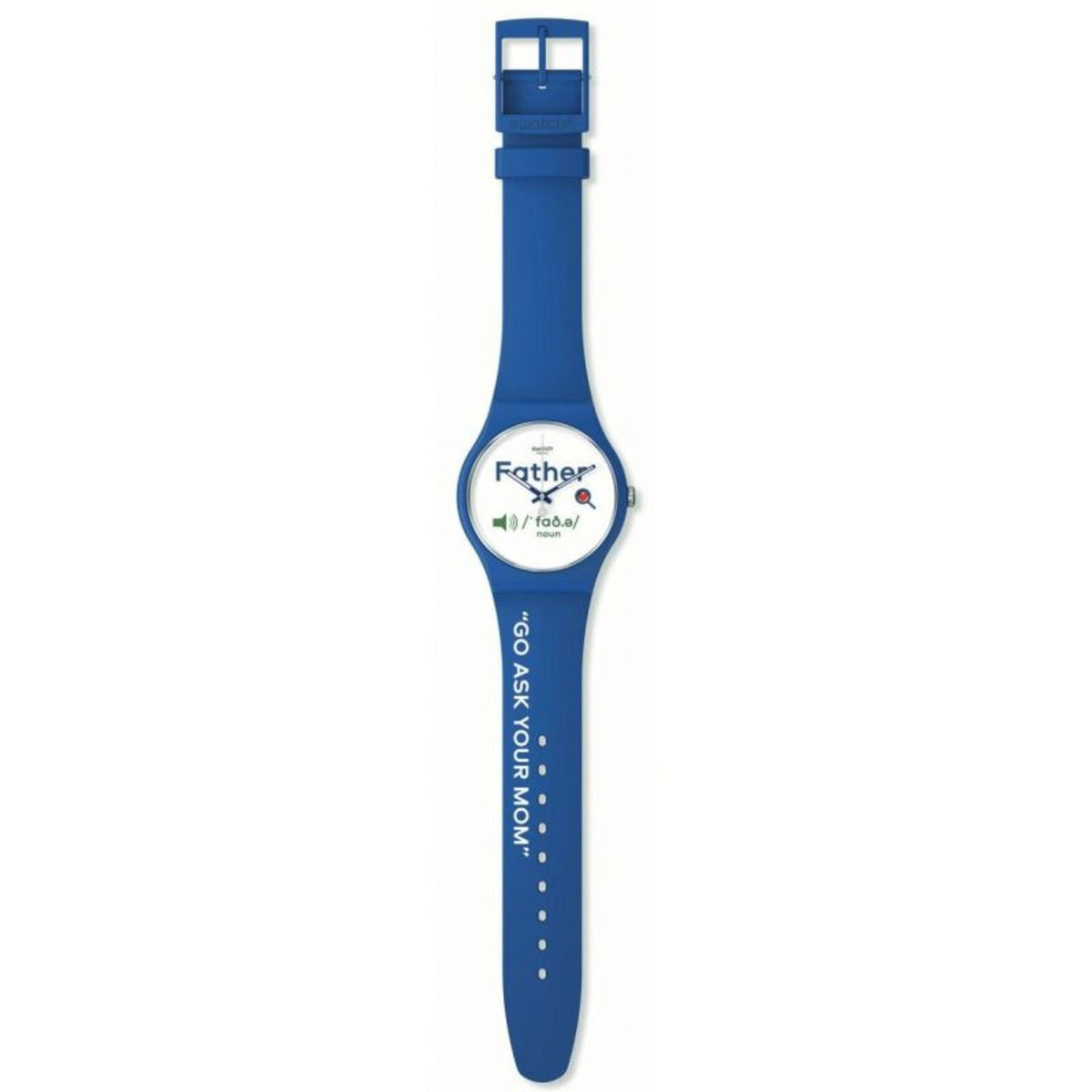 Blue silicone wristwatch with white dial featuring “Father” and date window