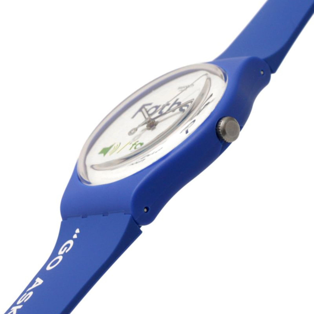Close-up of blue wristwatch case with white dial and hour markers