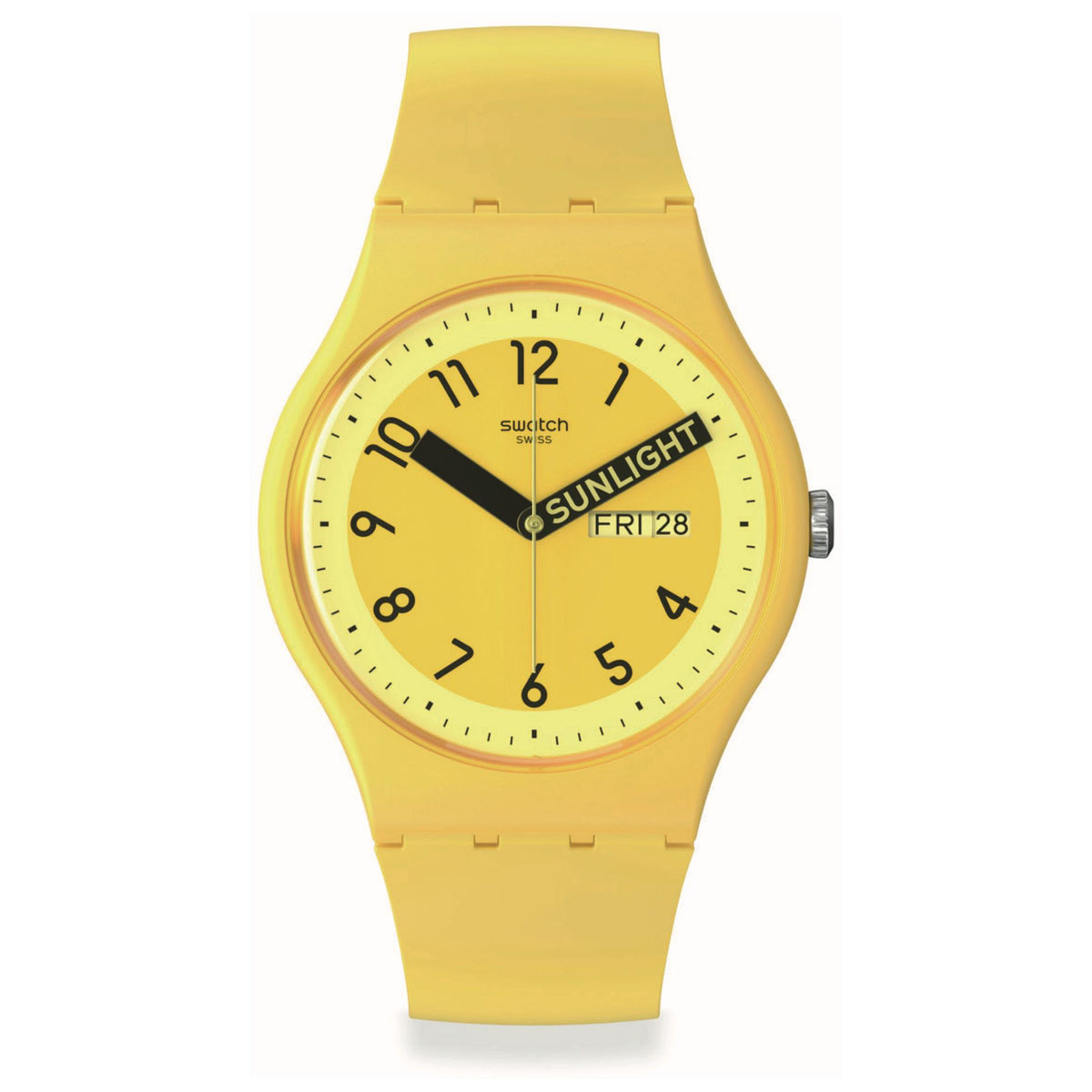 Yellow quartz wristwatch with round yellow dial and black hands, on yellow silicone strap