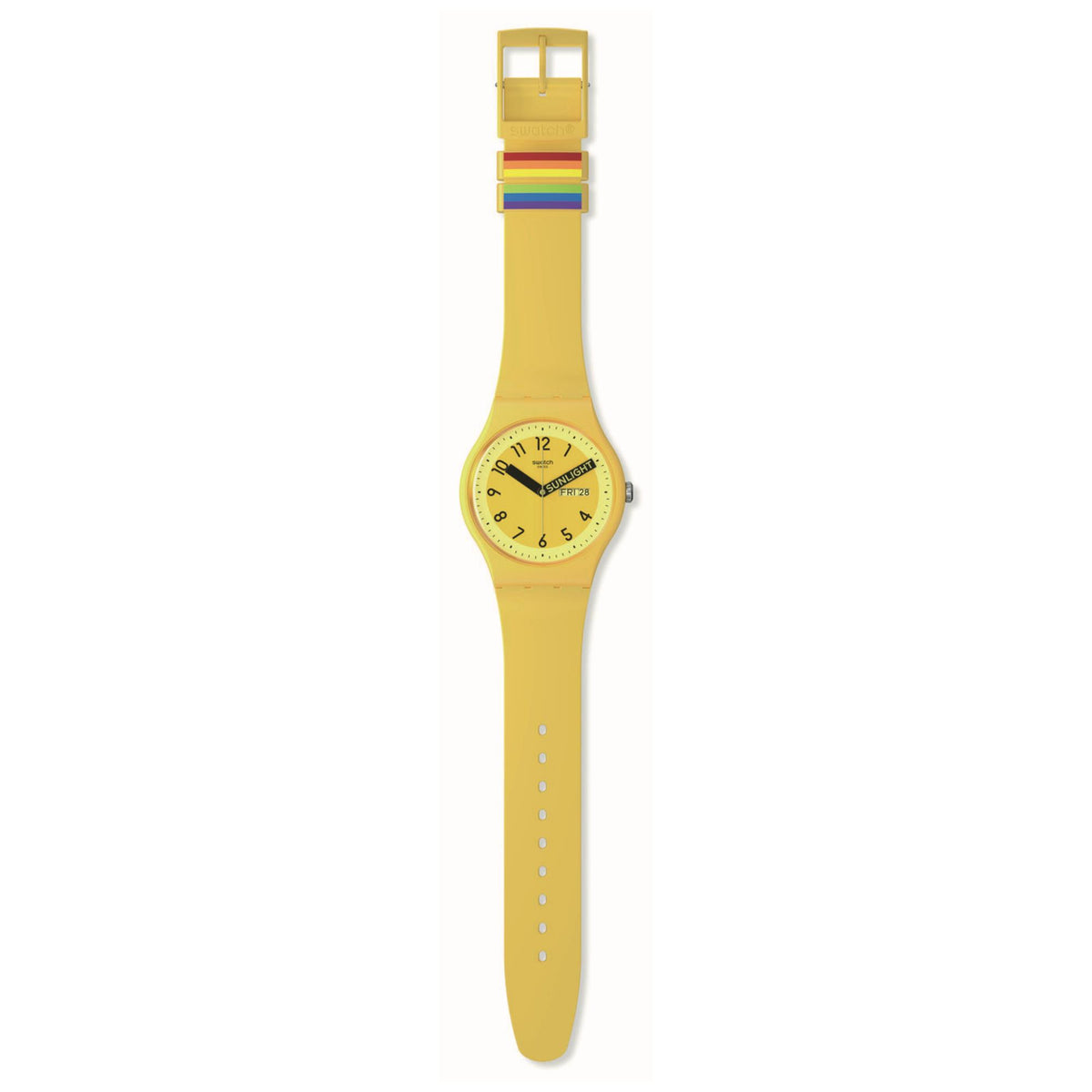 Yellow quartz wristwatch side view with rainbow strap accents and yellow silicone band