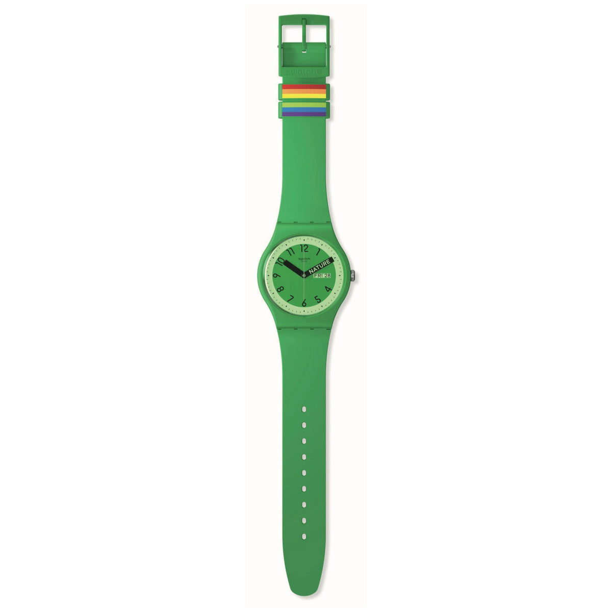 Green quartz wristwatch with green strap and multicolor accents near the buckle