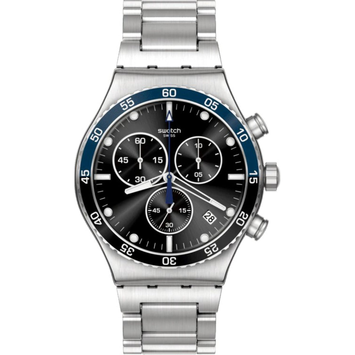 Silver bracelet quartz watch with black dial, blue bezel, date window, and three chronograph dials