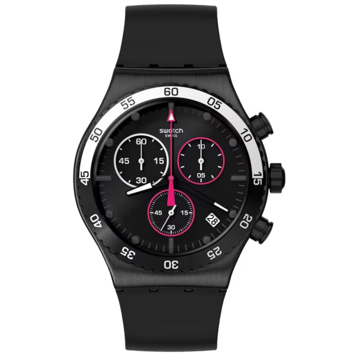 Men's black quartz chronograph watch with magenta dial rings and 3 subdials