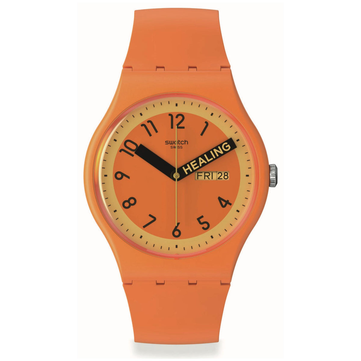 Orange quartz watch with orange dial, 'HEALING' text, FRI 28 day/date