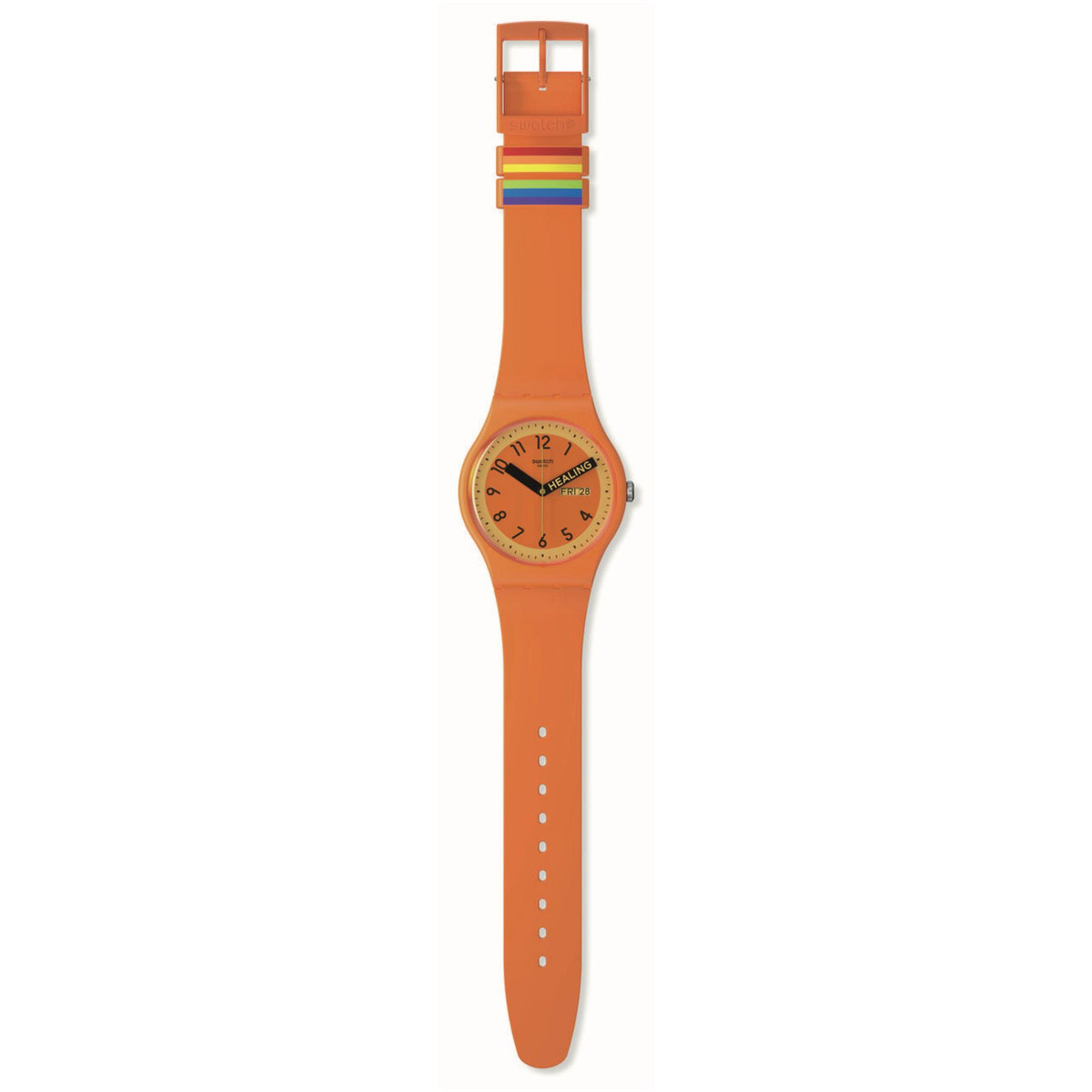 Orange quartz watch with side profile of case, orange dial, long silicone strap
