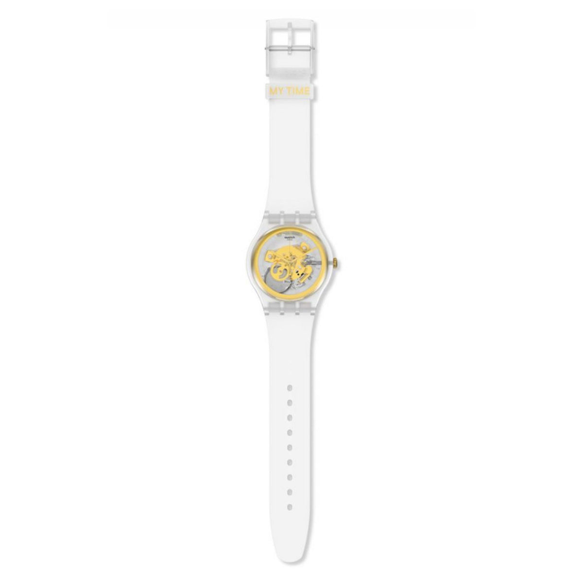 Transparent dial silicone watch with yellow-gold mechanism and wide clear strap band