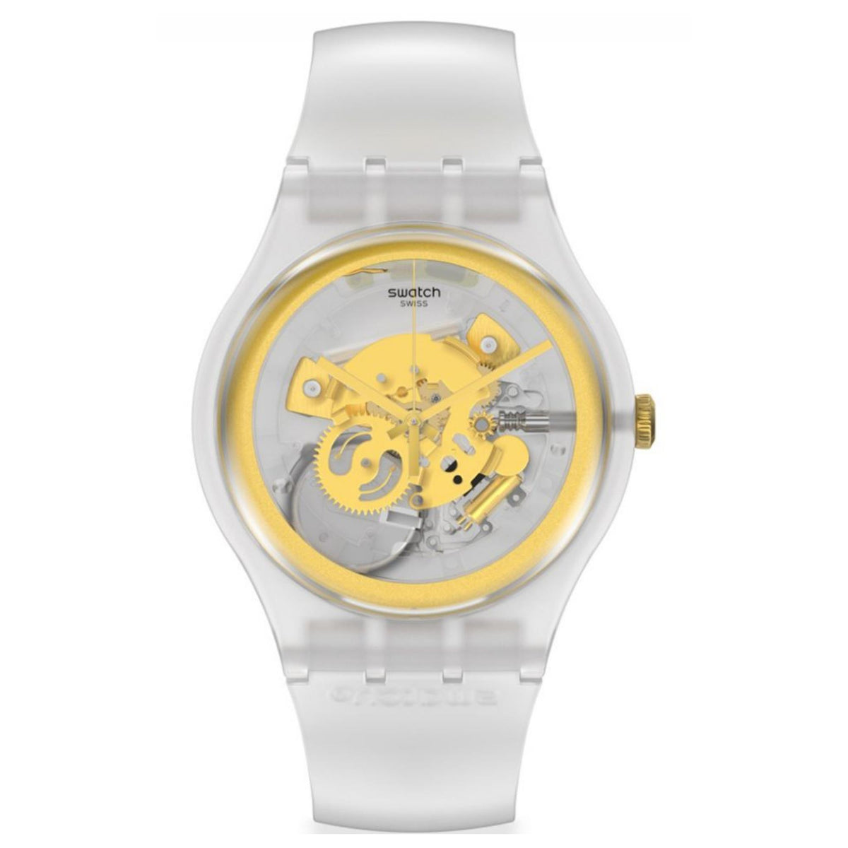 Transparent dial silicone watch with yellow-gold mechanism and rounded silver case