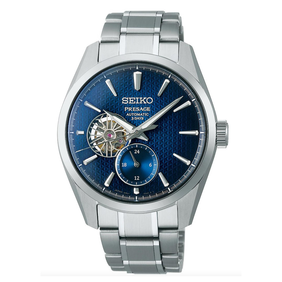 Seiko Presage men’s automatic open-heart watch with blue dial and stainless bracelet
