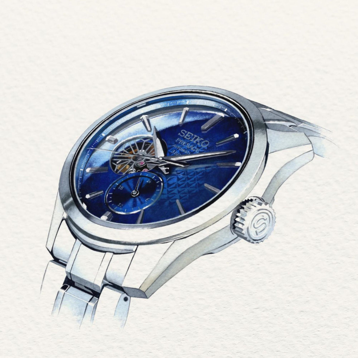 Seiko Presage open-heart watch angled view with blue dial, subdial, and crown on metal case