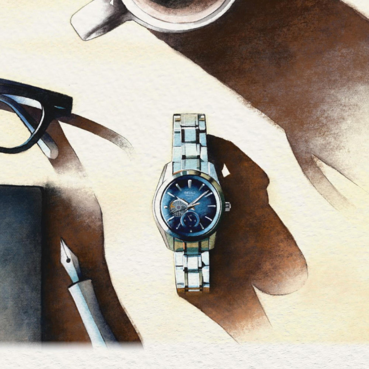 Seiko Presage watch on blue cuff with blue dial, open-heart window, and metal bracelet