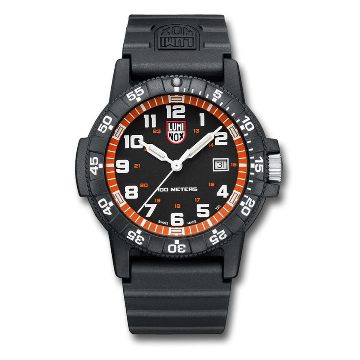 Black men’s wristwatch with orange bezel ring, white hands, date window, rubber strap