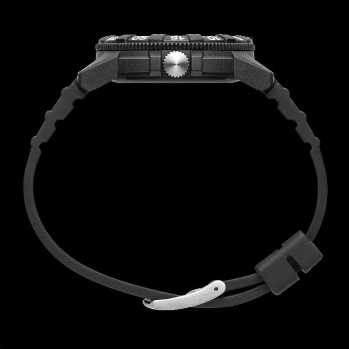 Black watch with textured bezel and crown, close-up of strap and case