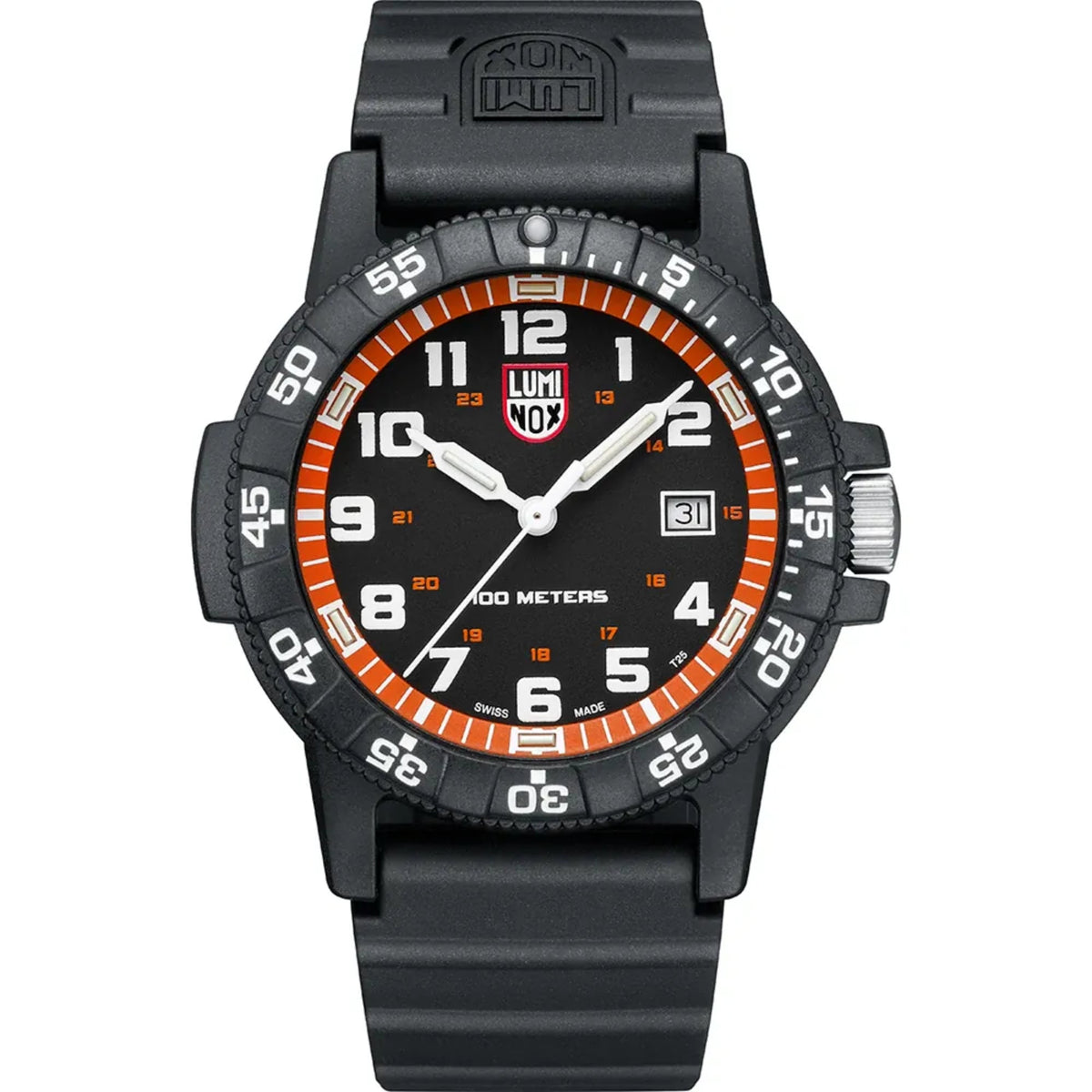 Black men’s sport watch front view, orange bezel, white hour markers and date window