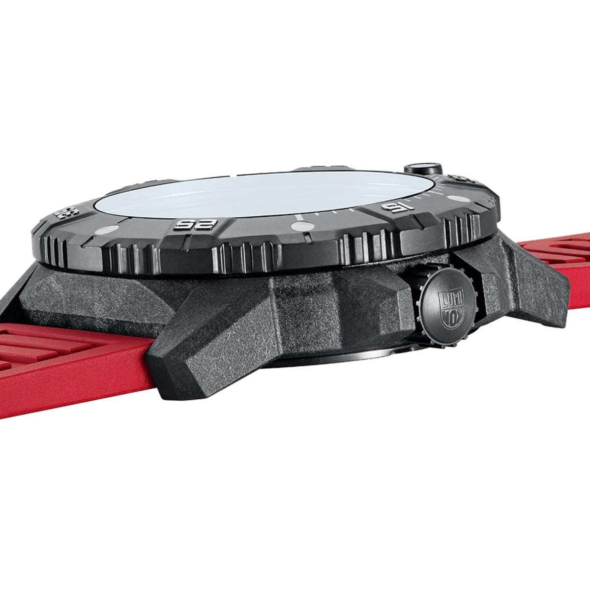 Sport wristwatch case with textured bezel, knurled crown, and red rubber strap