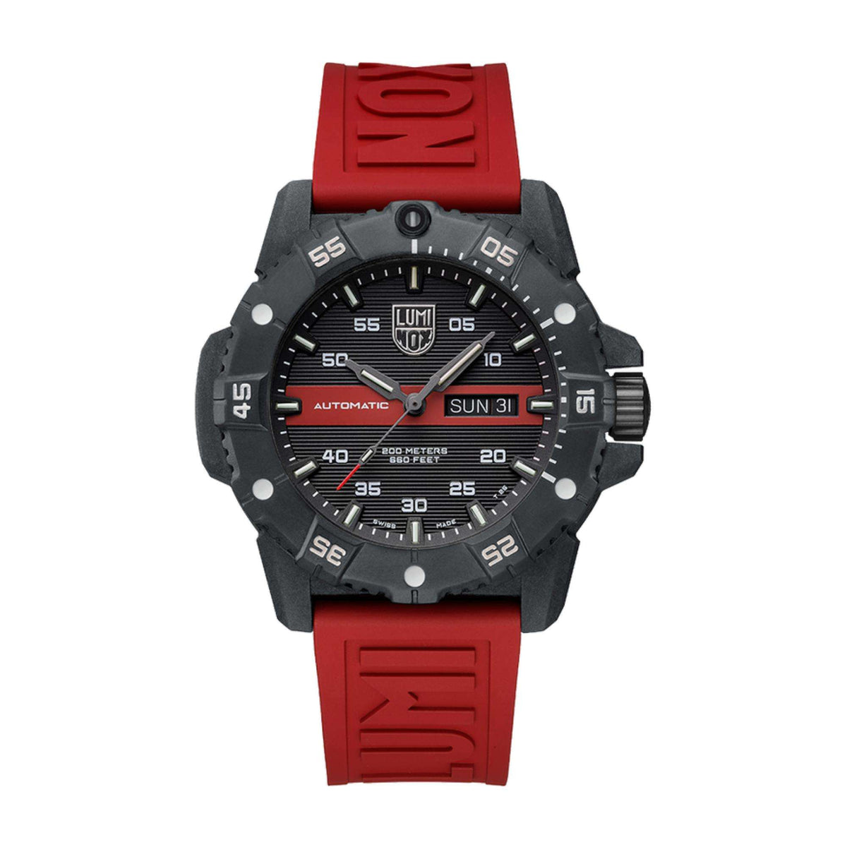 Automatic wristwatch with black dial, day-date window, and red silicone strap