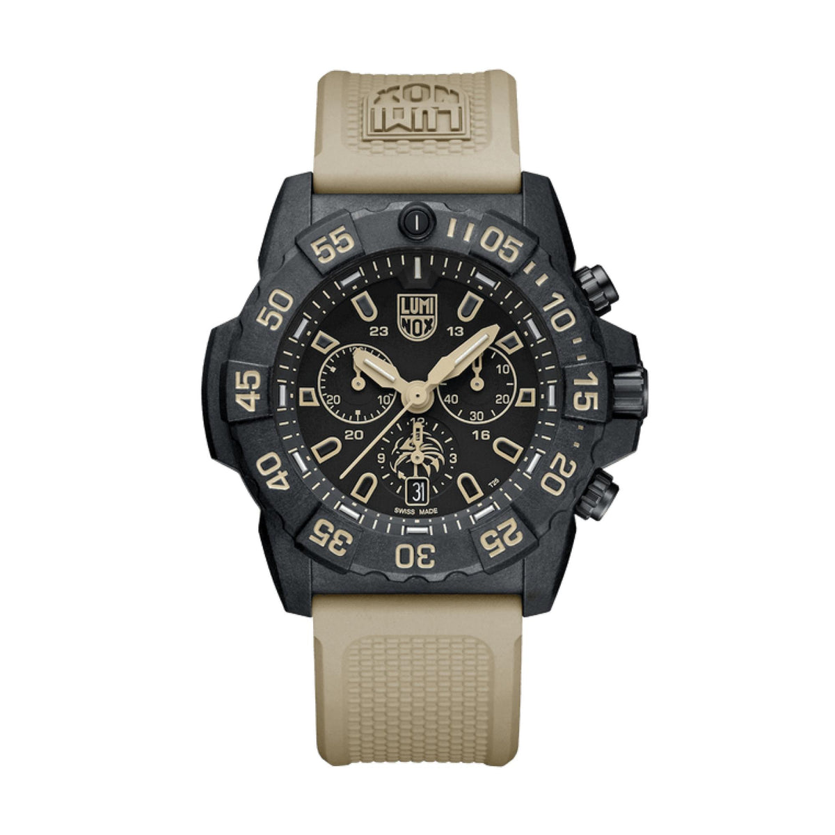Luminox chronograph watch with black dial and tan rubber strap