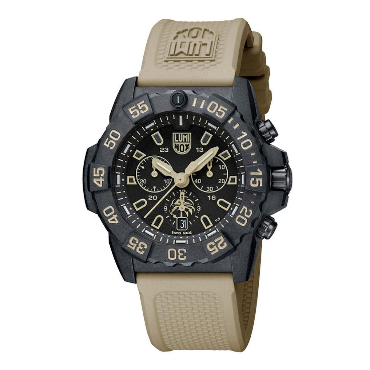 Luminox chronograph watch with black dial and light tan rubber strap