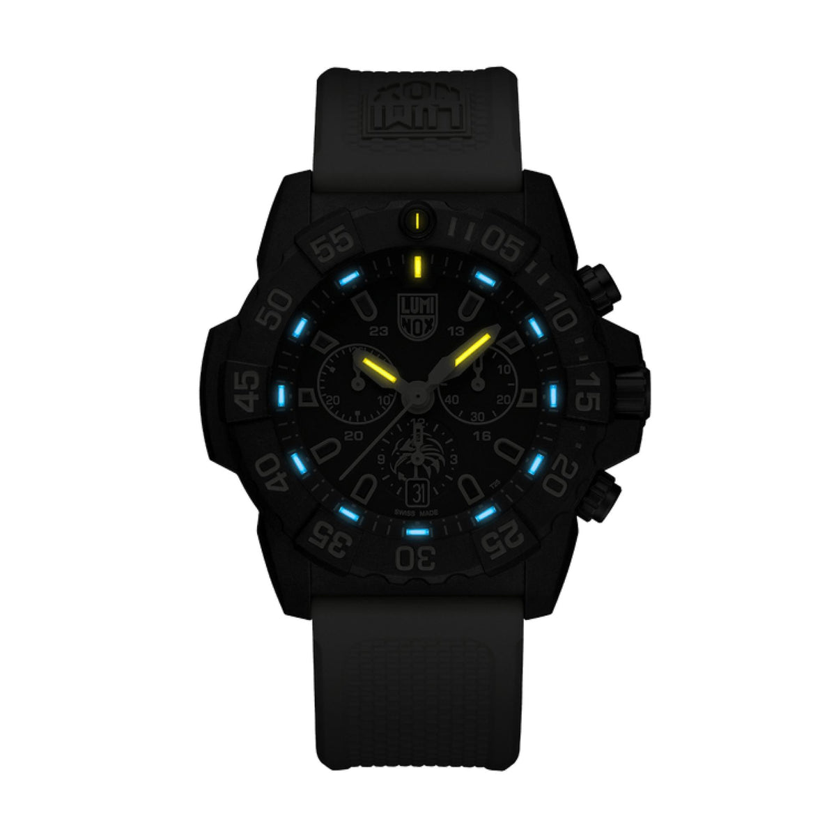 Luminox chronograph watch with black dial and dark rubber strap with glowing markers