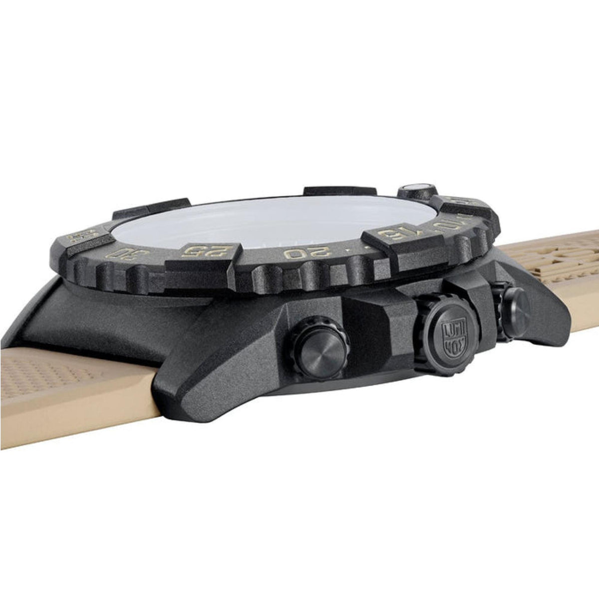 Men's black dial chronograph watch with rugged rubber strap and rotating bezel, 45mm