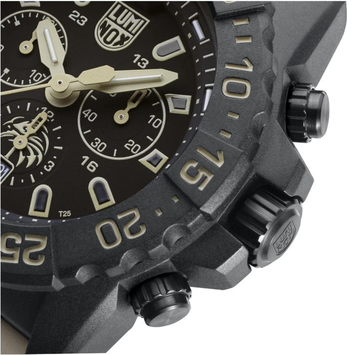 Black rubber chronograph watch case with crown, pushers, and textured bezel detail