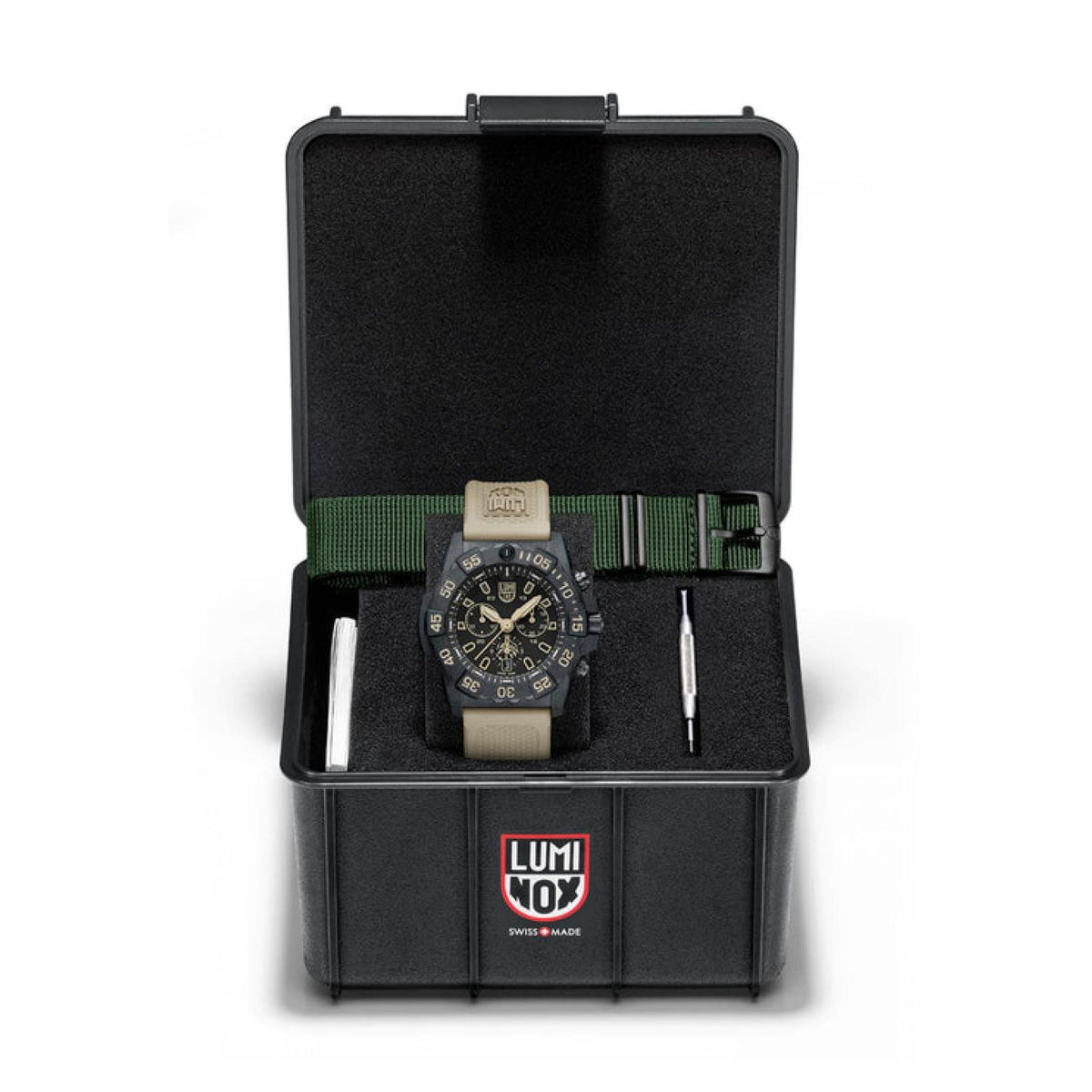 Luminox chronograph watch set in black case with rubber strap and included pin tool
