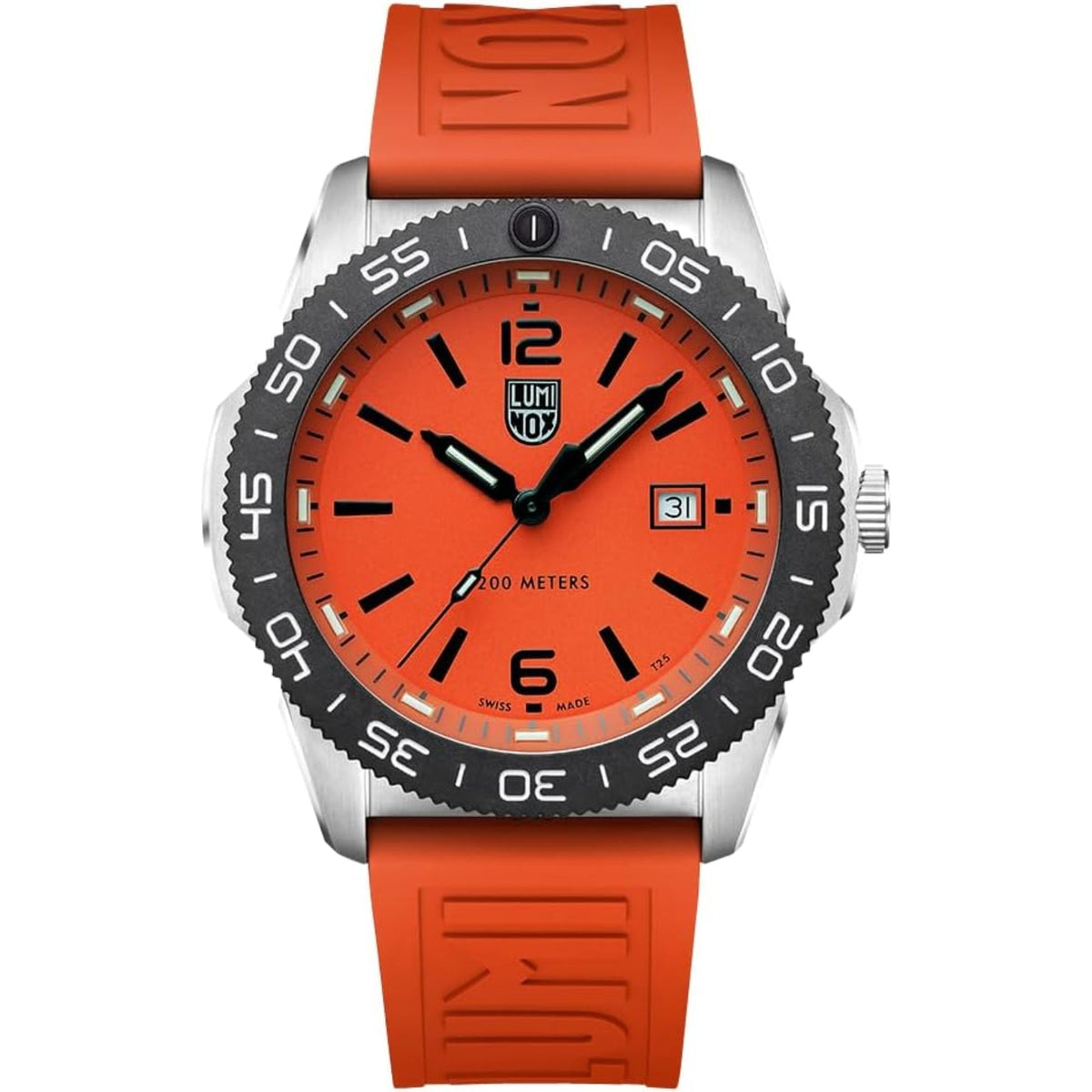 Men's diver watch with orange dial, date window, orange silicone strap, stainless steel case