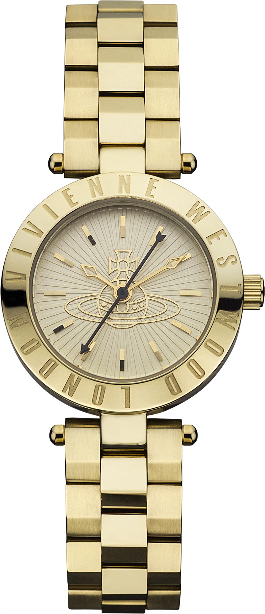 Gold-tone ladies wrist watch with sunburst dial, quartz markers, and metal link band