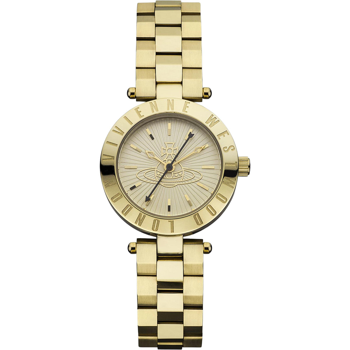 Gold-tone ladies wrist watch with sunburst dial and polished metal link bracelet