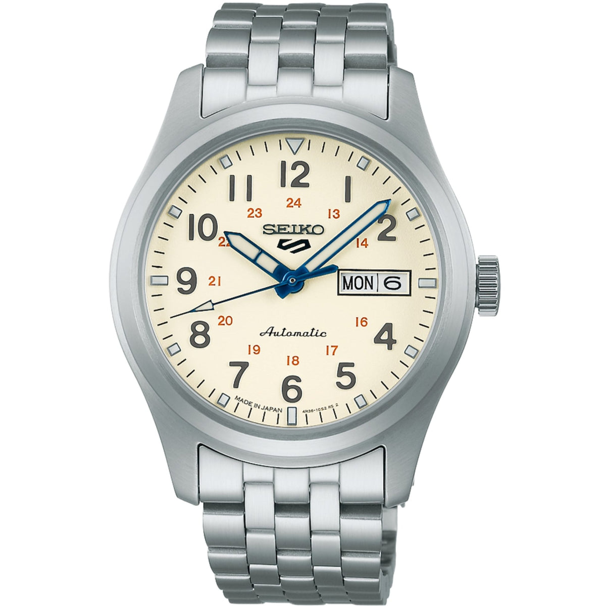 Seiko 5 Sports stainless steel watch with beige dial, blue hands, and day-date window