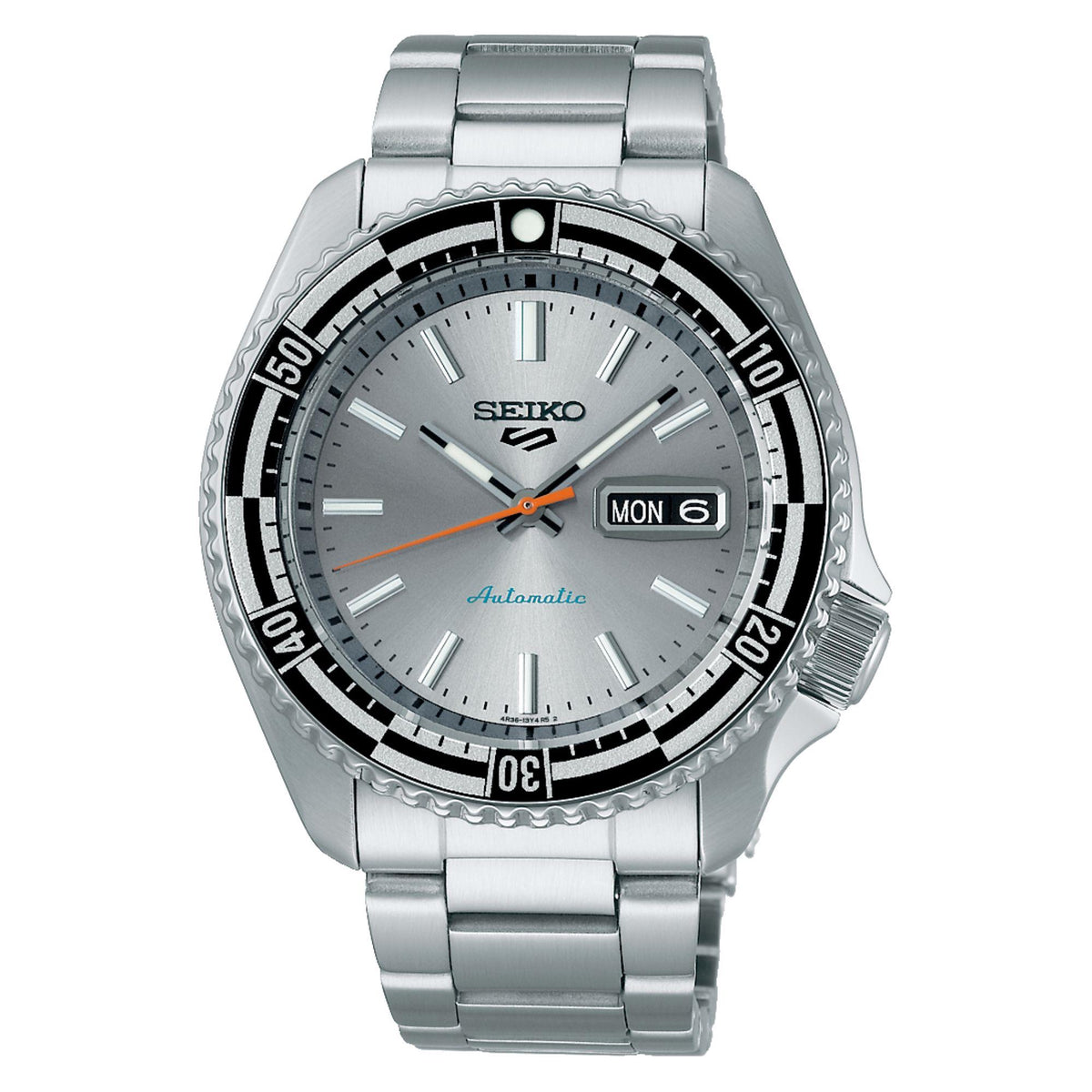 Seiko 5 Sports automatic men’s watch, silver dial with black bezel and day-date display
