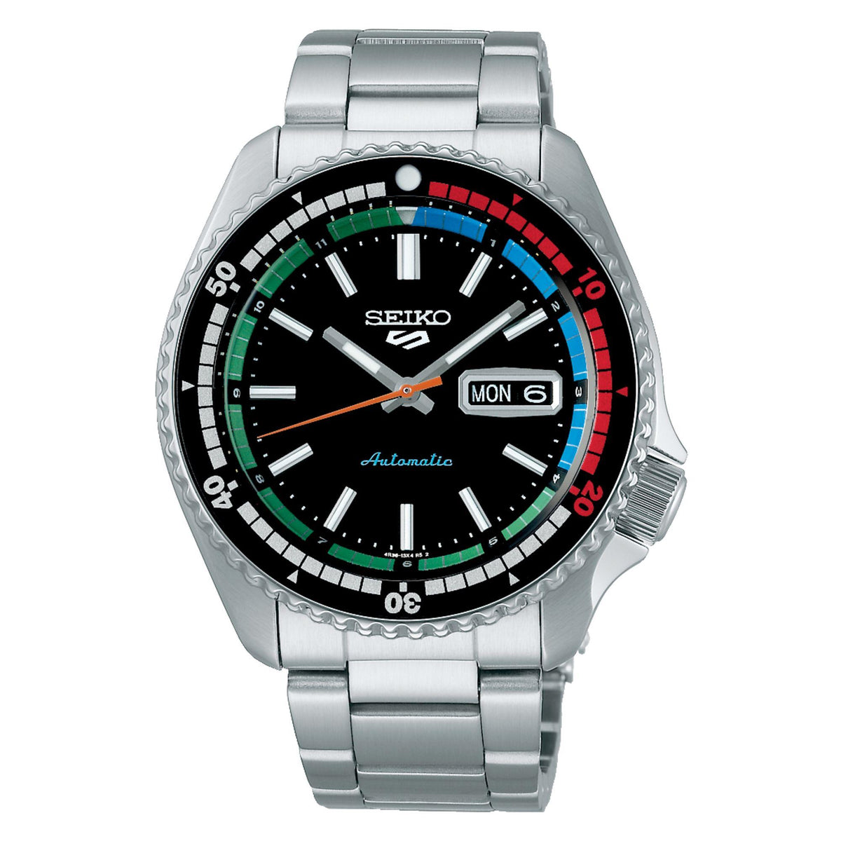 Seiko men's automatic diver watch with steel bracelet, black dial and red-green-blue bezel