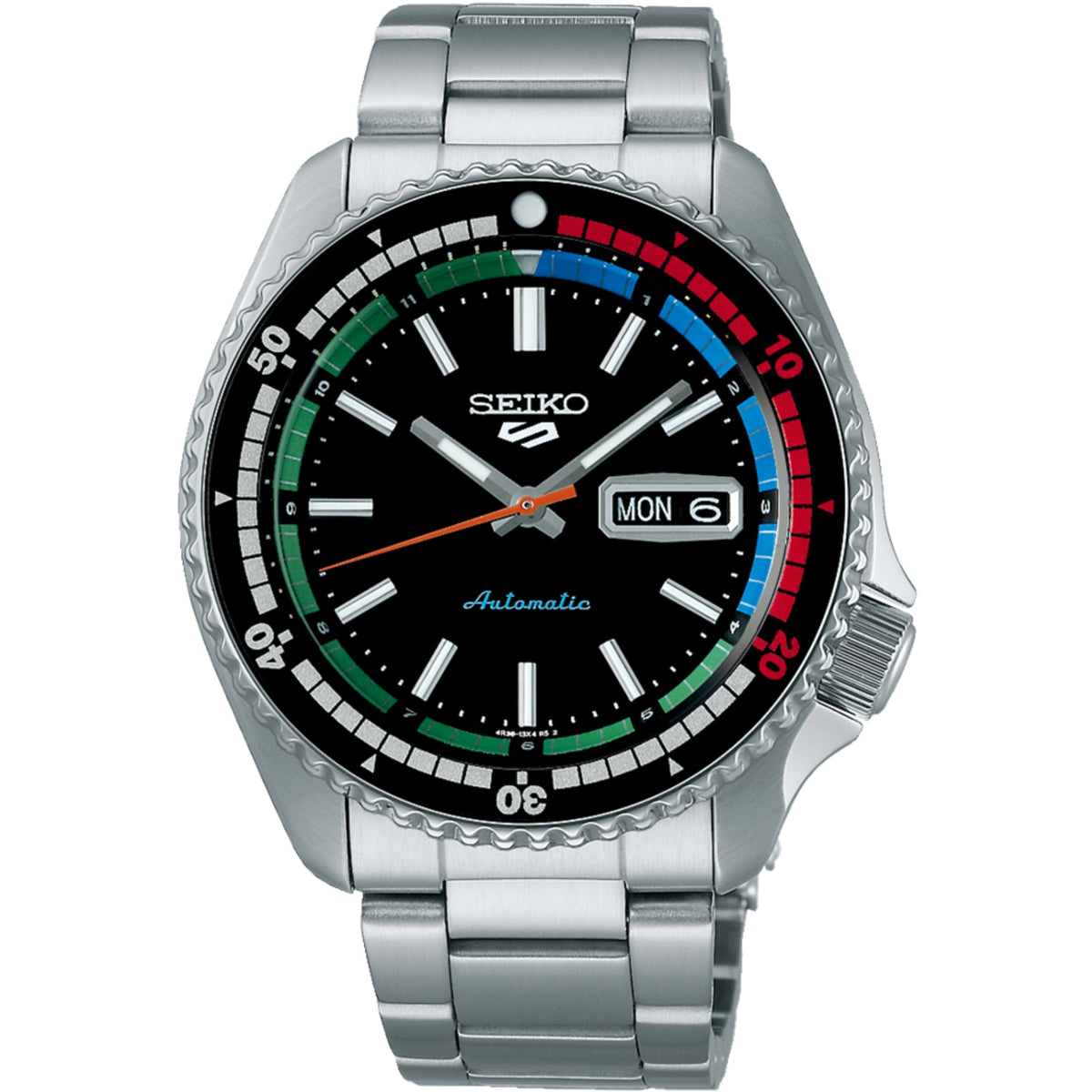 Seiko men's automatic diver watch, steel case, black dial with rainbow bezel and Mon 6