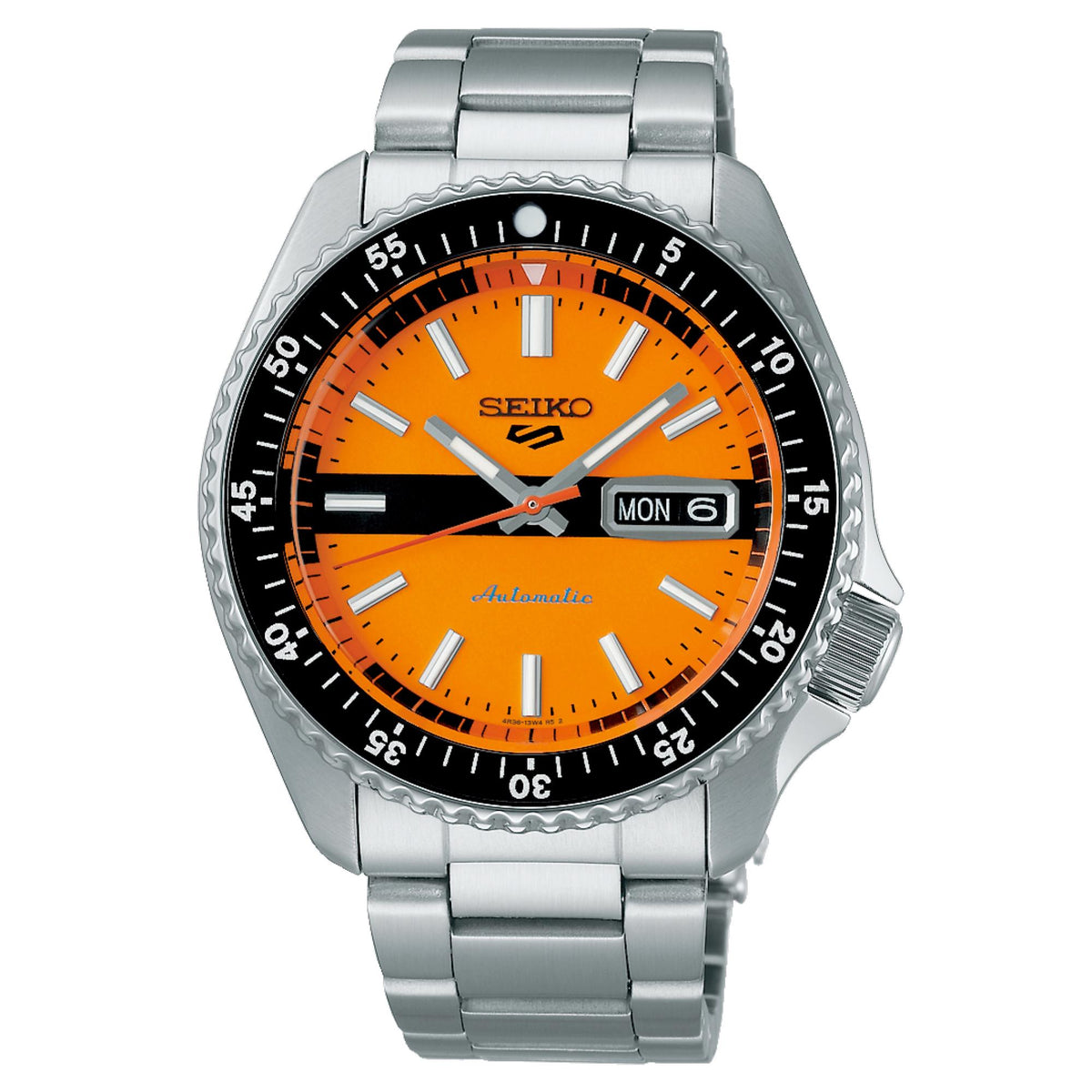 Seiko sports watch with orange dial, black bezel, and metal link bracelet (front view).