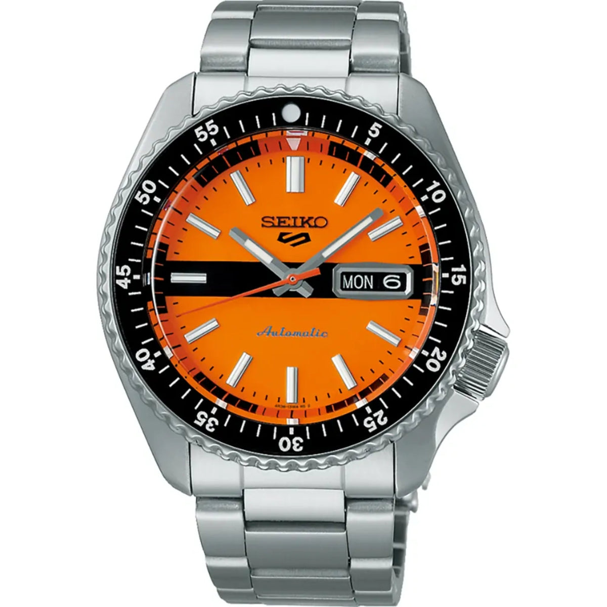 Seiko sports watch with orange dial and black bezel, stainless-steel bracelet.