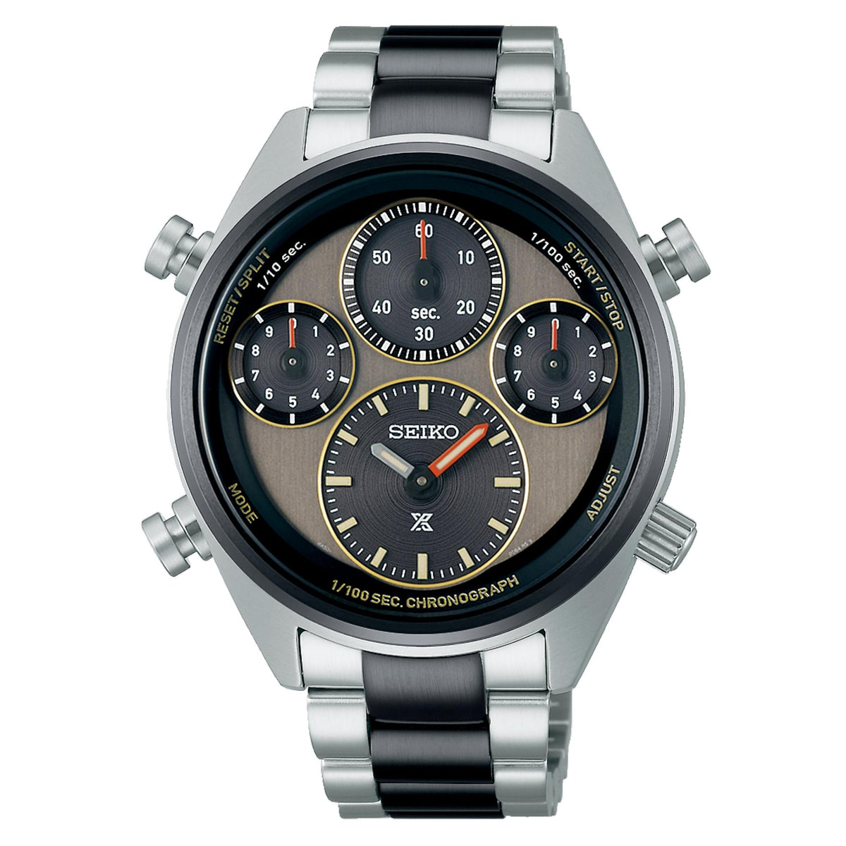 Men's stainless steel chronograph watch with dark khaki dial, three subdials, steel bracelet