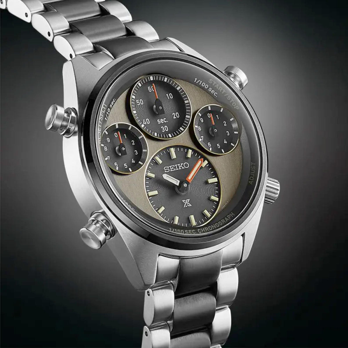 Angled stainless steel chronograph watch with dark khaki dial and visible pushers on bezel
